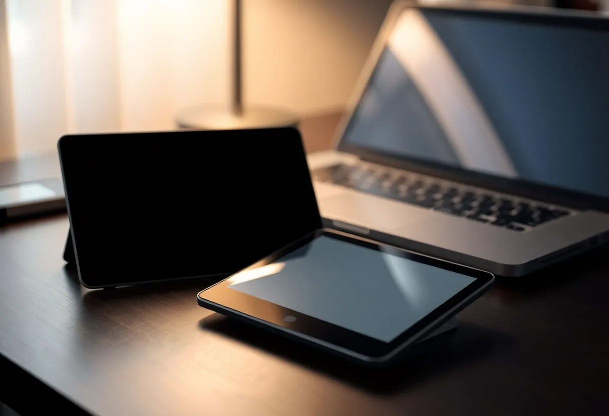 A small e-ink tablet on a desk beside a larger notebook