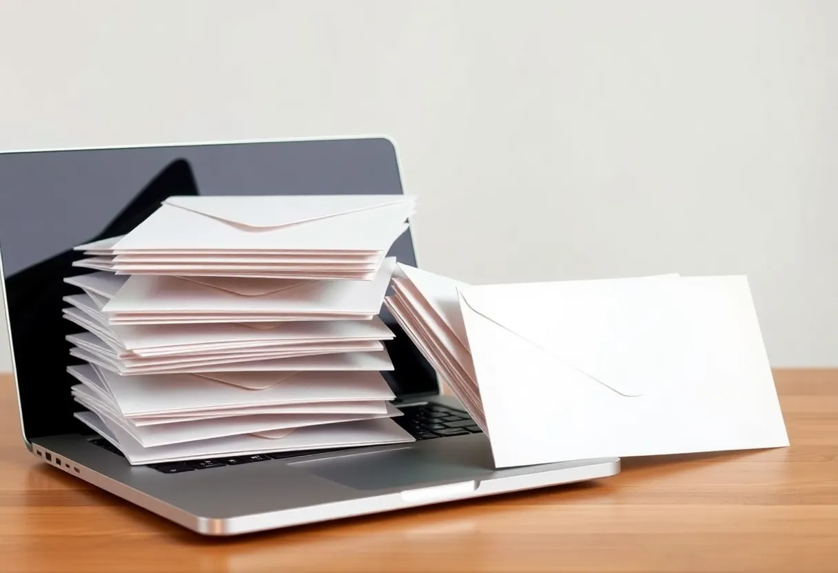 A stack of blank envelopes beside a closed laptop