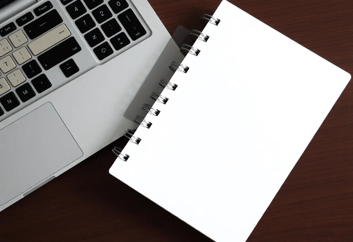 A blank notebook beside a keyboard