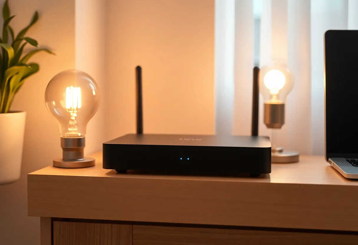 A small streaming box on a living room shelf beside a warm bulb