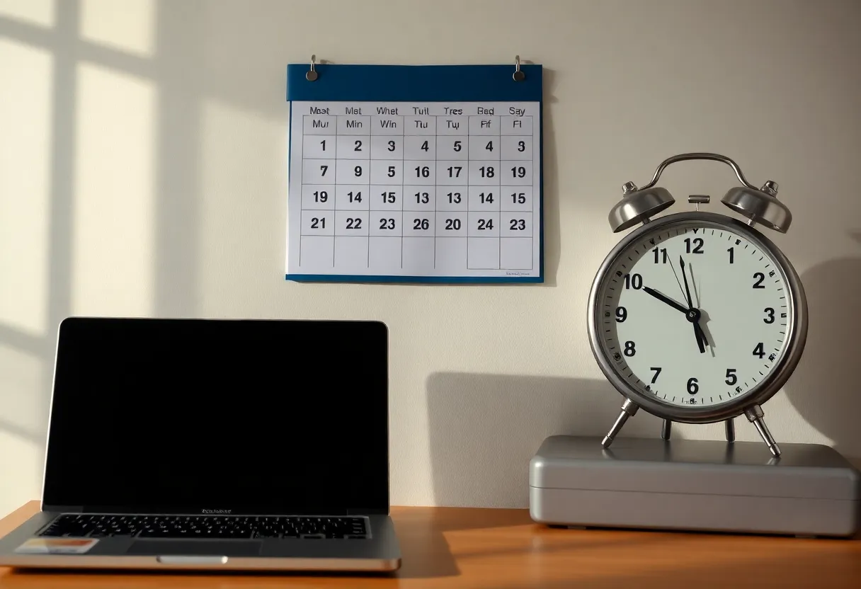 A wall calendar and a desk clock beside a closed laptop