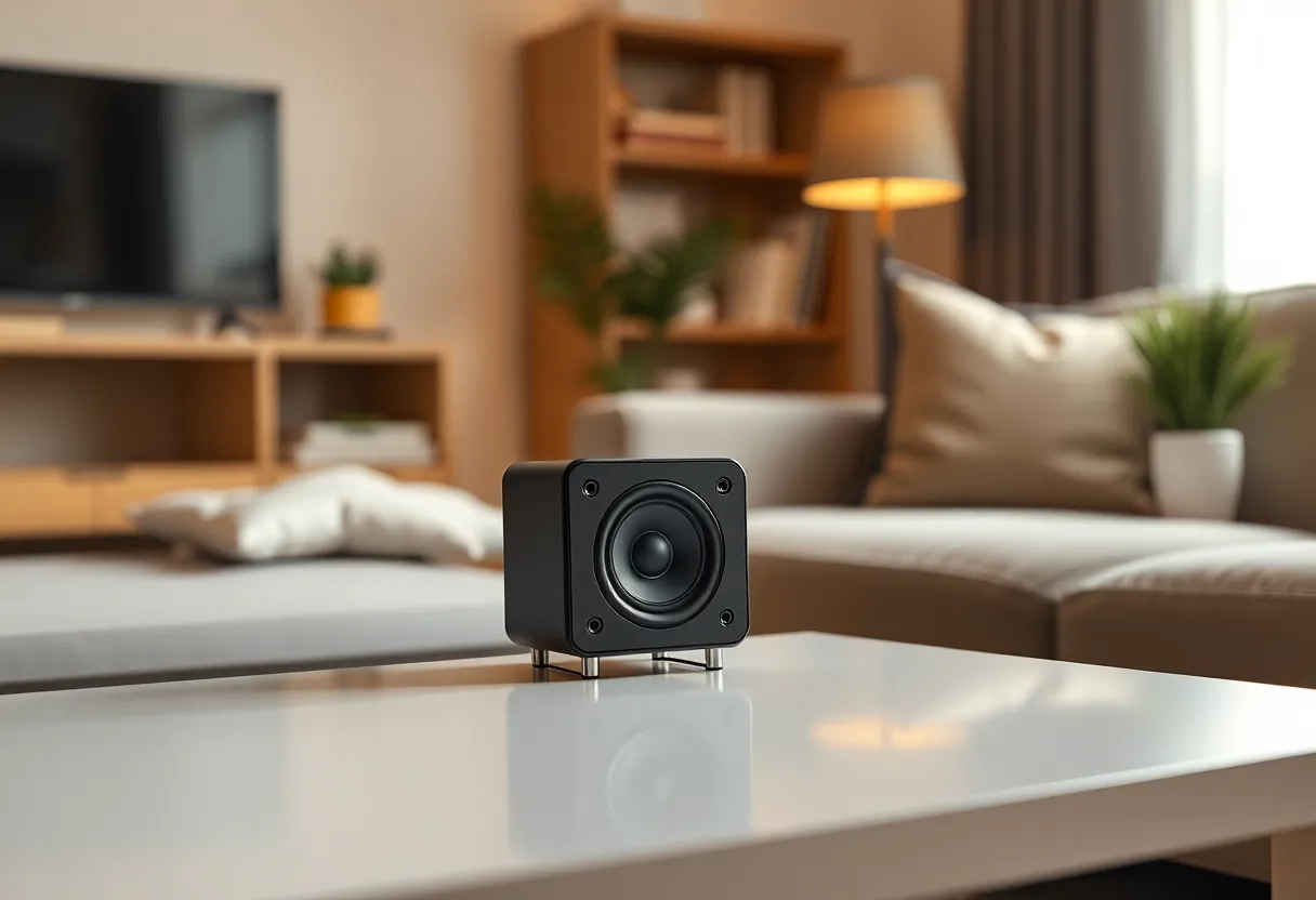A small tabletop speaker in a living room