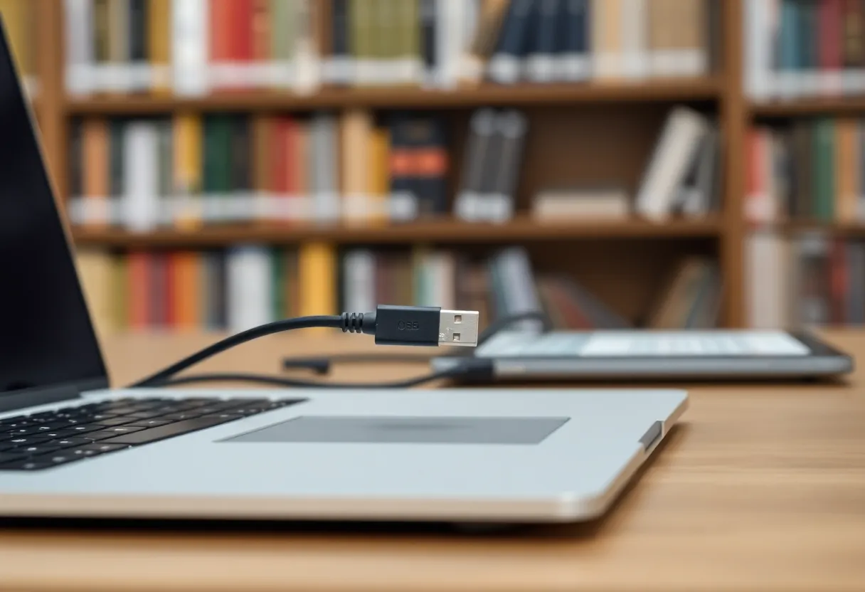 A USB cable between a laptop and an e-ink tablet with bookshelves behind