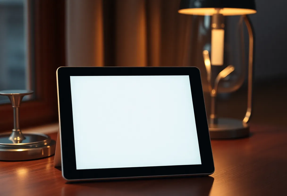 An e-ink tablet on a side table under a reading lamp