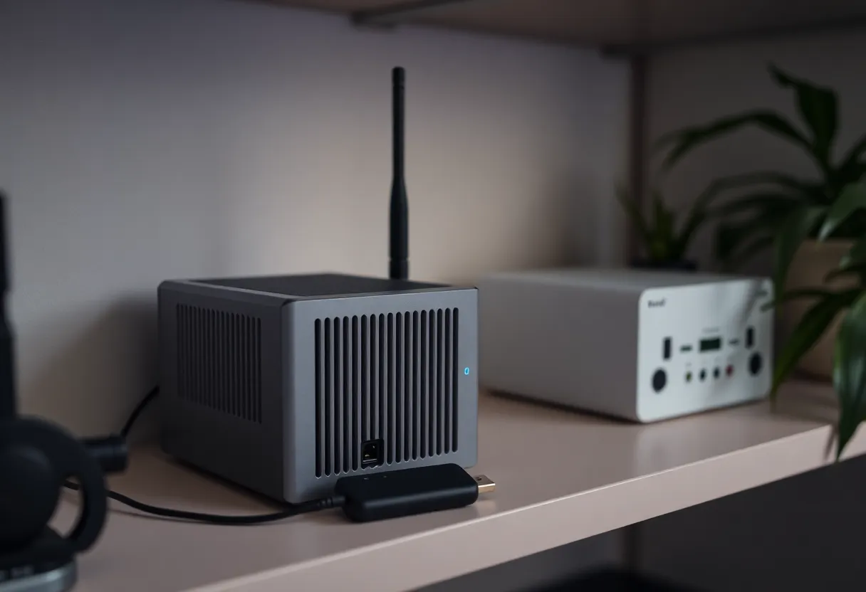 A mini PC with a USB radio dongle on a quiet shelf