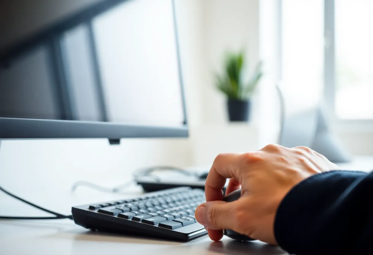 A hand on a mouse at a desktop computer, screen turned away