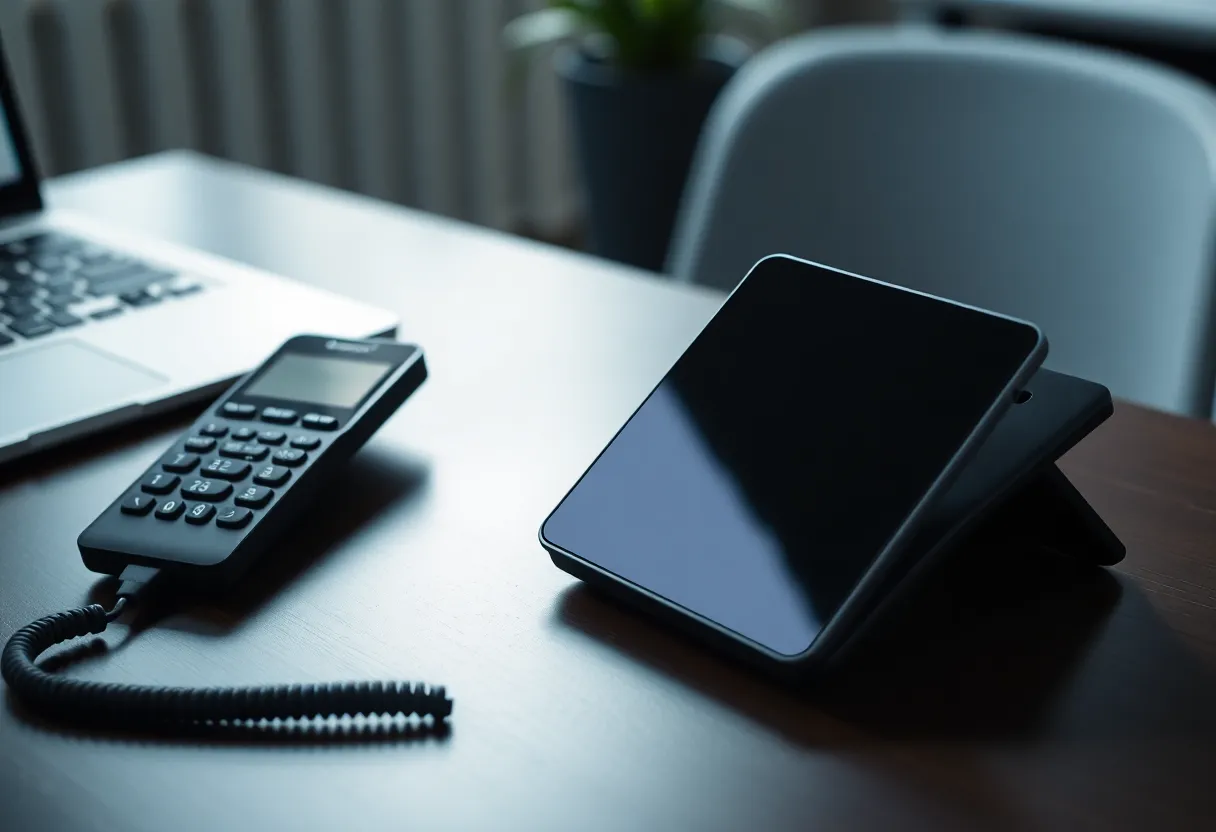 An office desk with a laptop and a phone whose screen is dark