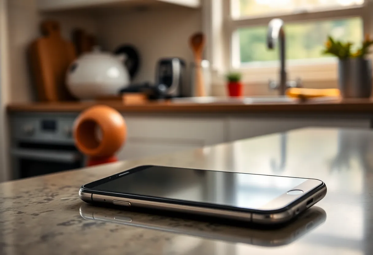 A phone on a kitchen counter in warm evening light