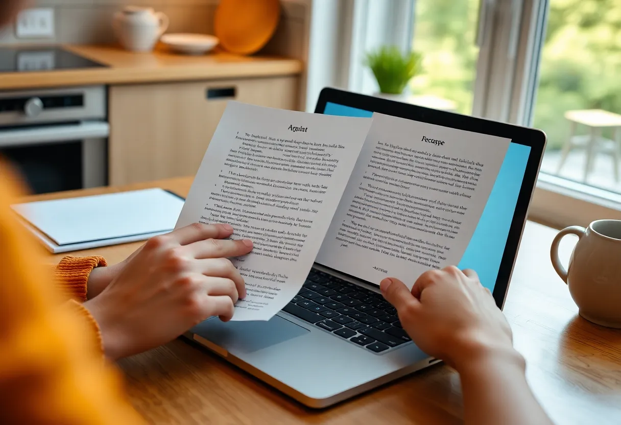 Someone copying a paragraph from paper onto a laptop at a kitchen table