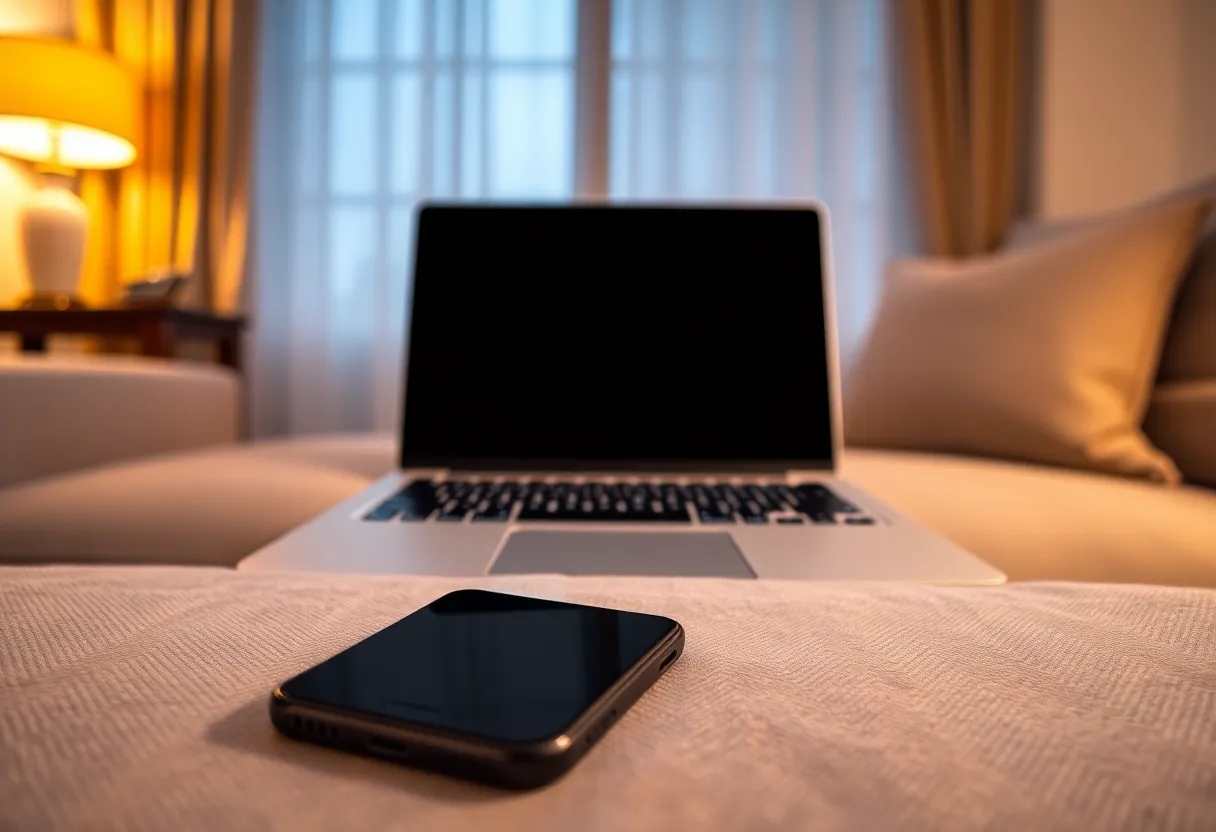 A phone on a couch and a closed laptop across the room