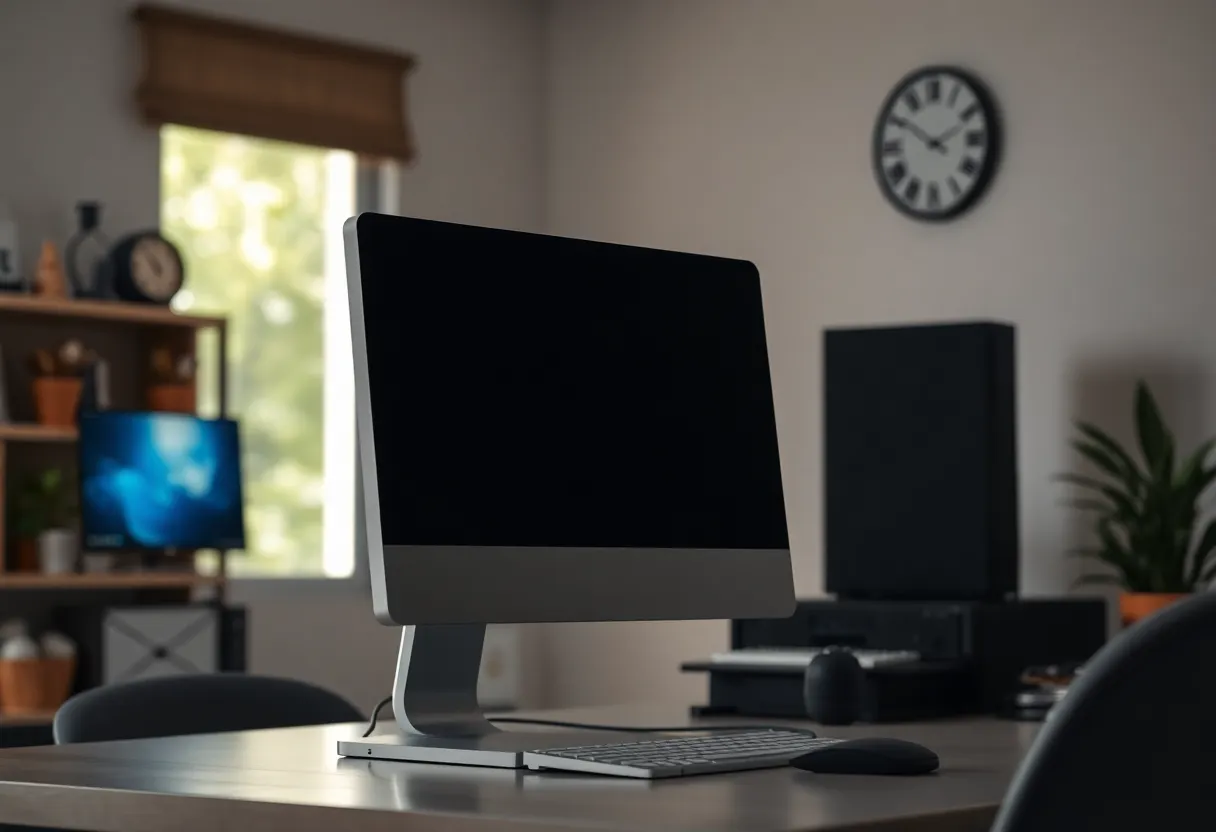 A desktop computer left on in a home office with a dark monitor