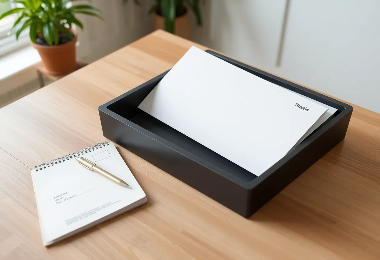 A mail tray and a notebook on a kitchen table