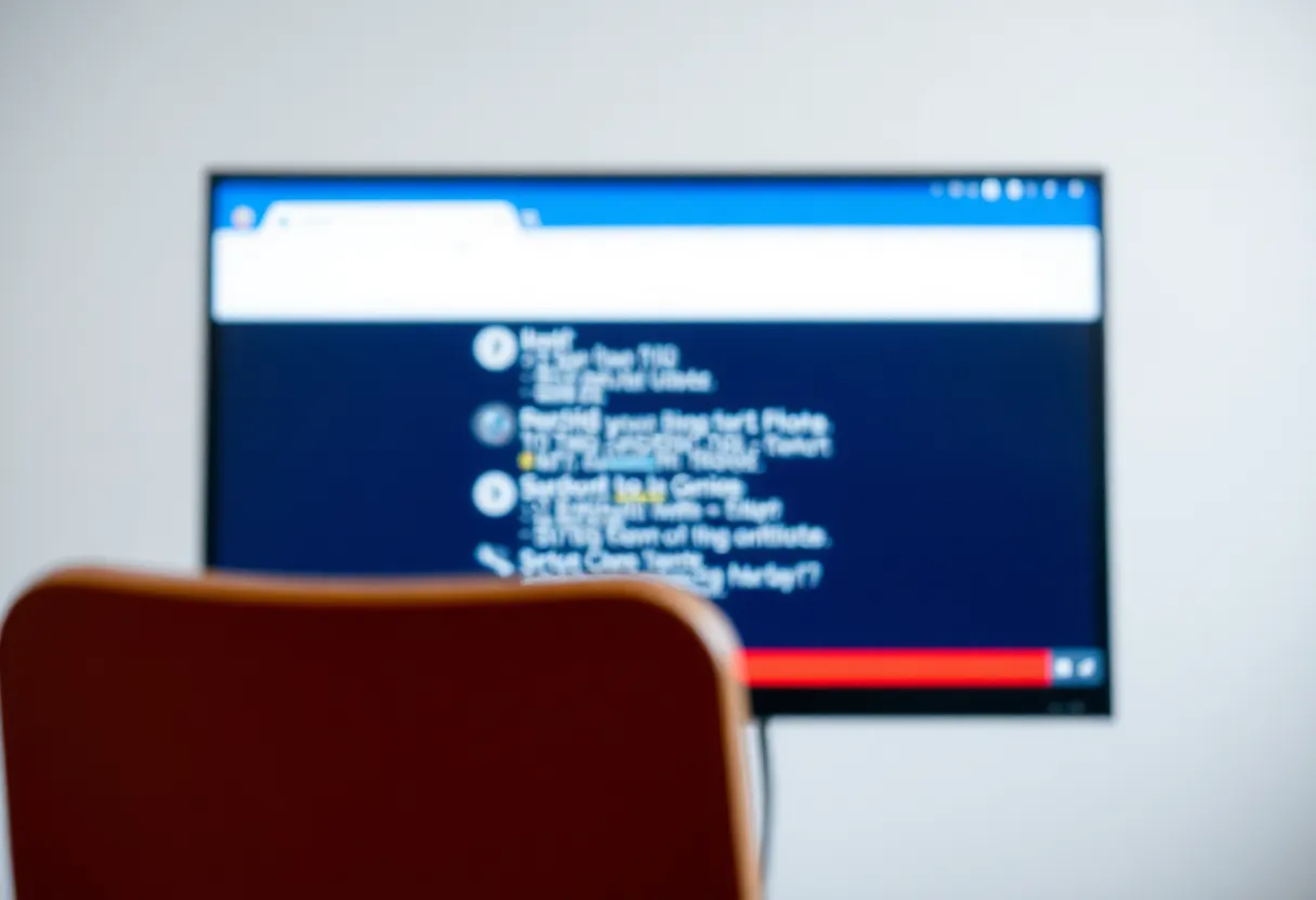 A monitor seen from behind a chair, with the screen blurred