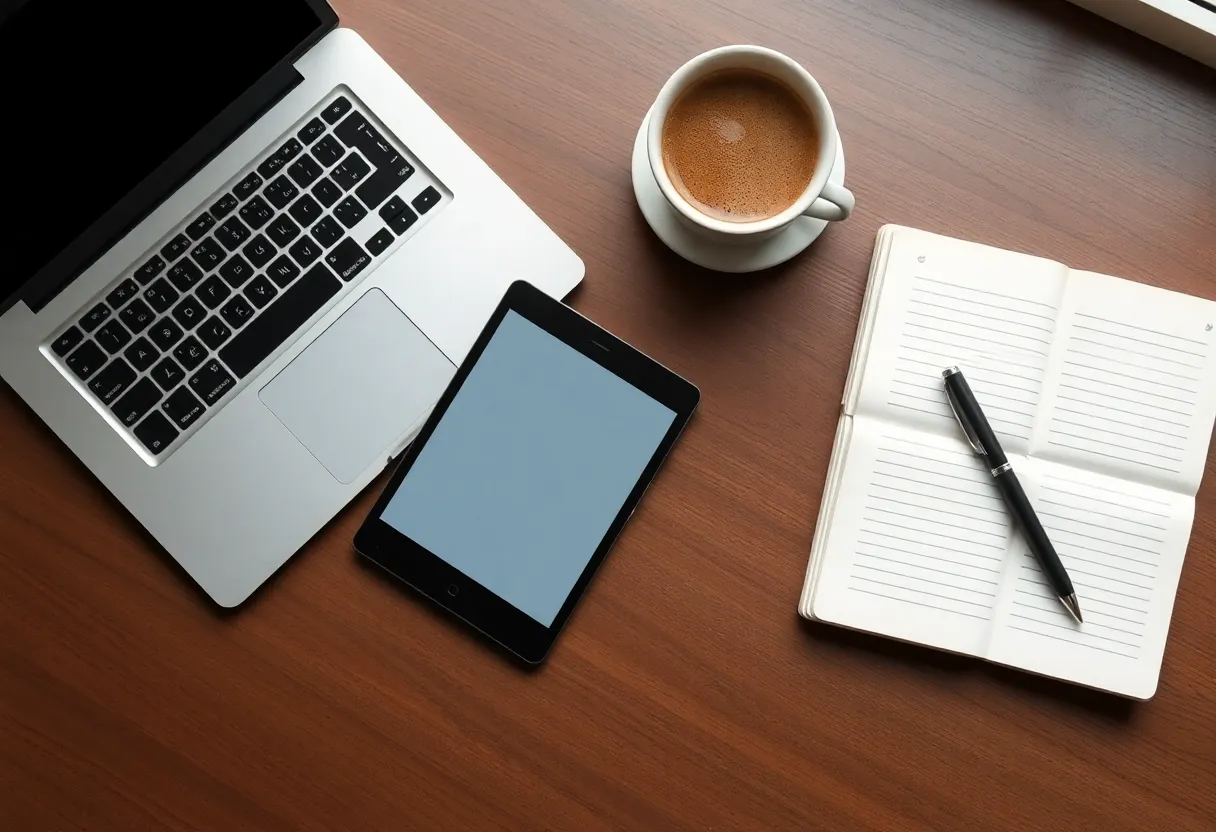 A small e-ink tablet beside an open laptop and a closed paper notebook