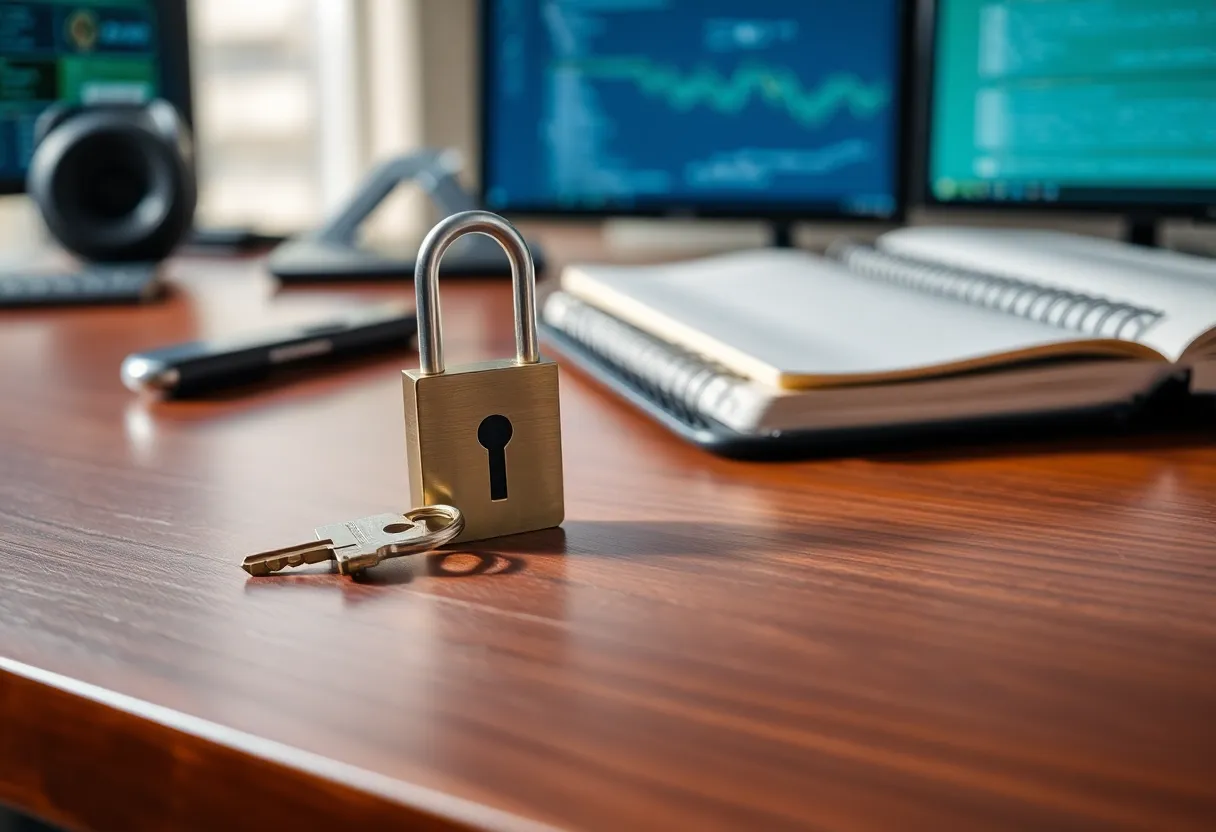 A hardware security key and a closed notebook on a desk