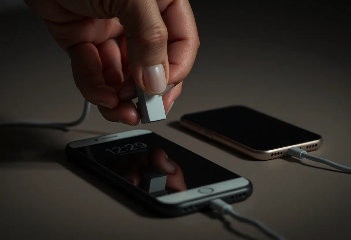 A hand unplugging a cable while a phone lies untouched nearby