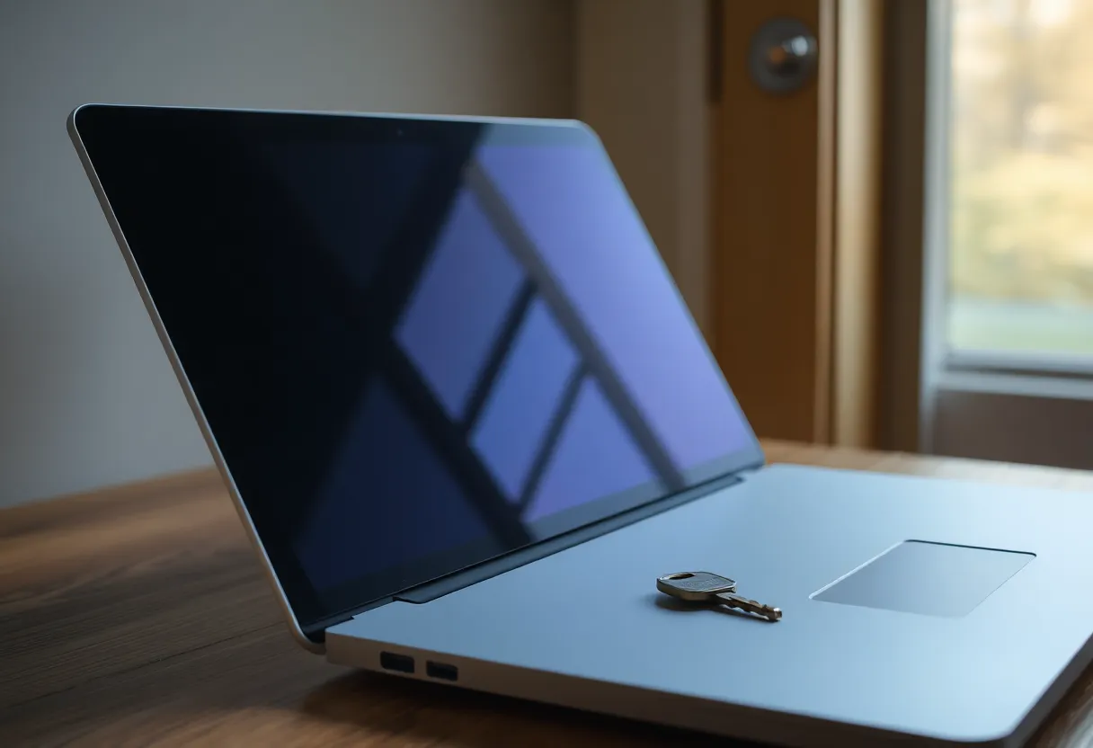 A closed laptop and a key hanging on a hook by the door