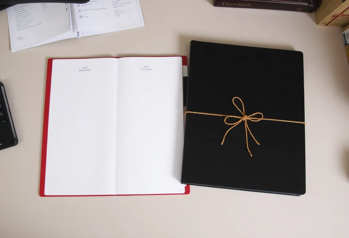 Two folders on a desk, one open and one tied shut