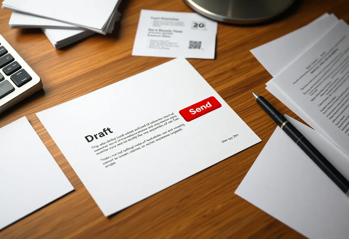 Printed pages on a desk, with no send control in sight