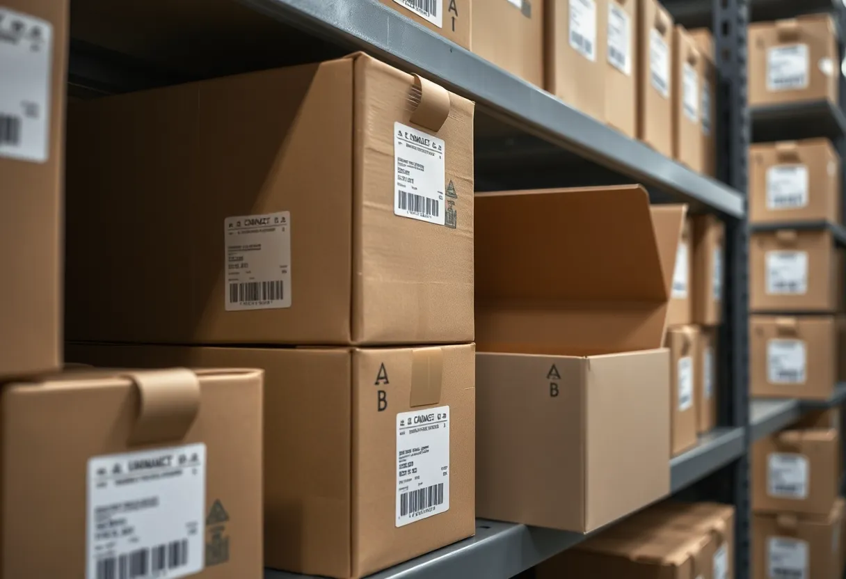 Archive boxes on a shelf with one box open and empty