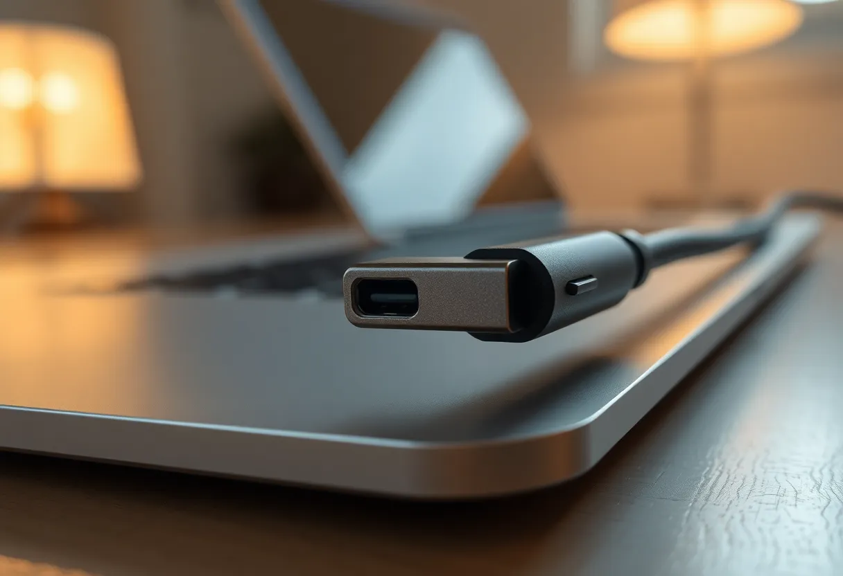 Close-up of a USB-C plug in the edge of a thin e-ink tablet