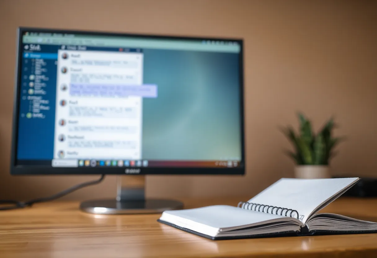 A blurred chat on a monitor beside a closed notebook