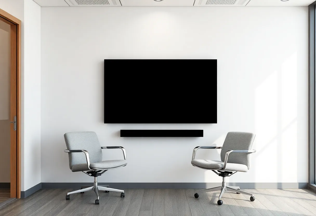 An empty office corner with two chairs and a dark screen