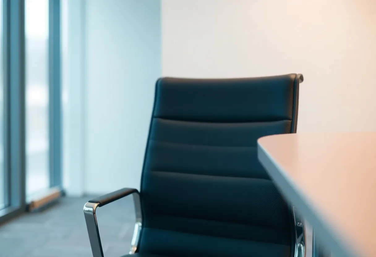 An empty meeting chair pulled out from a table