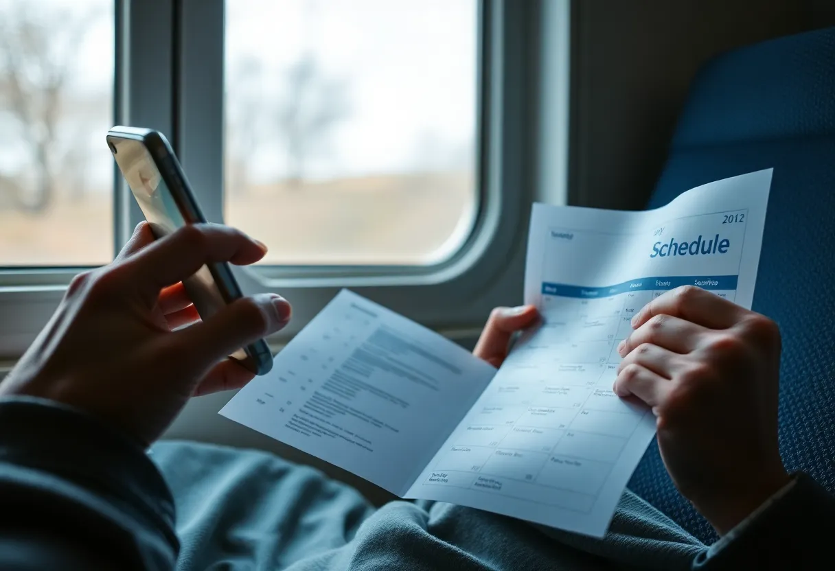 A person reading a printed day schedule by a window