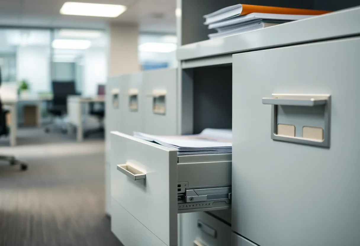 A single filing cabinet with one drawer open
