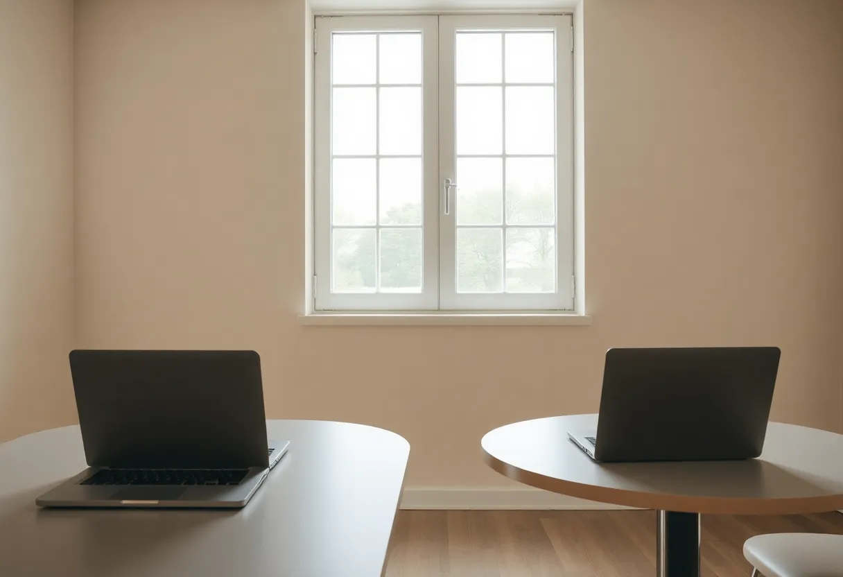 Two closed laptops on separate tables