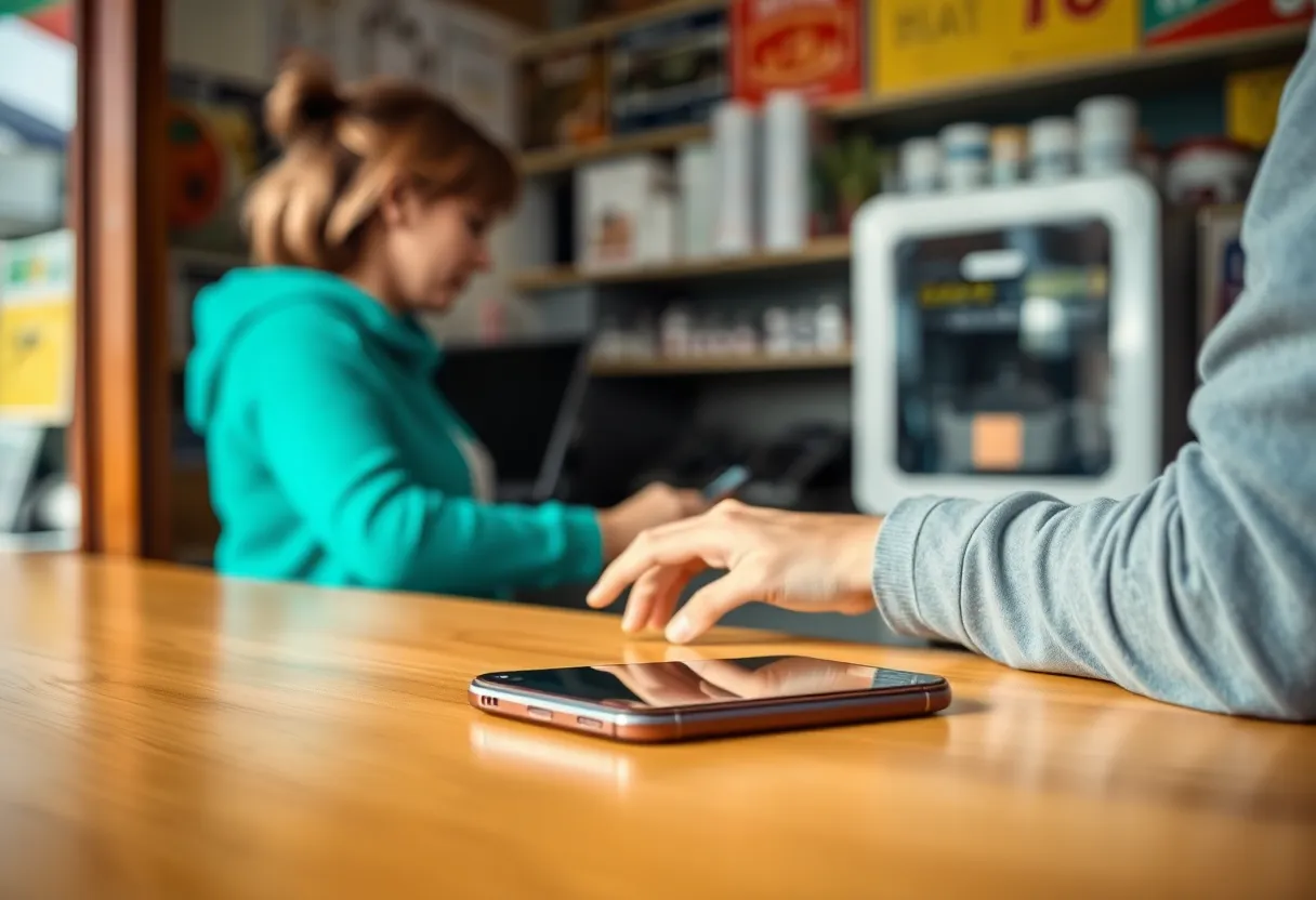 A person paying at a counter while a phone lies face down
