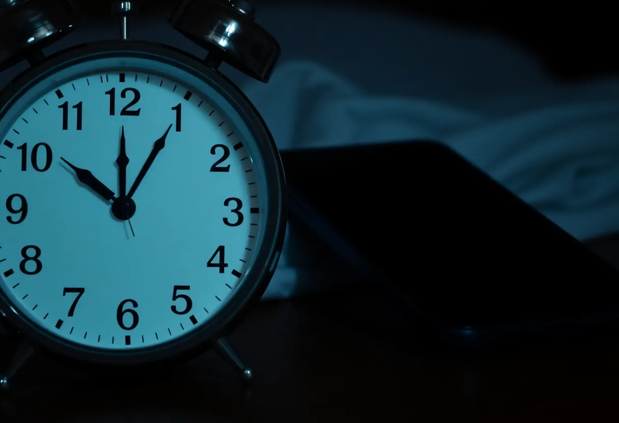 A bedside clock beside a dark phone