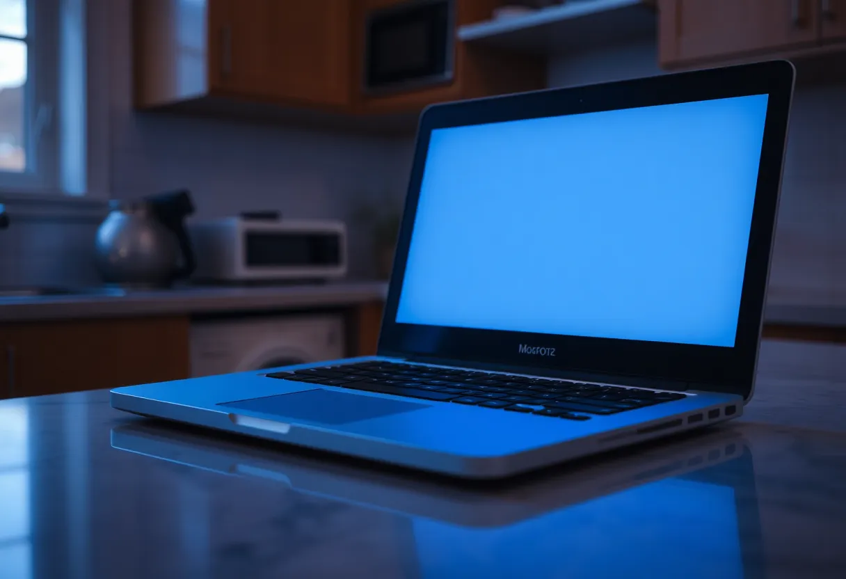 A closed laptop on a kitchen counter at dawn