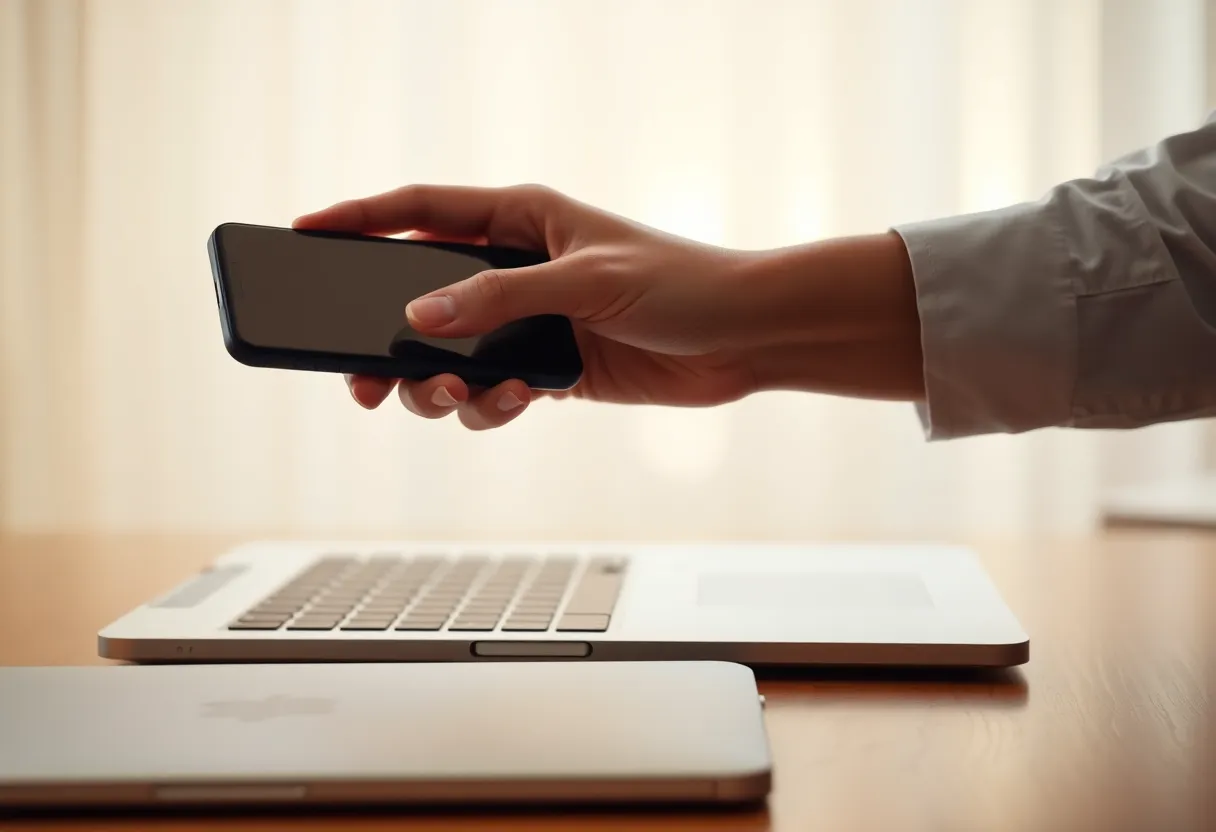 A hand holding a phone over a closed laptop