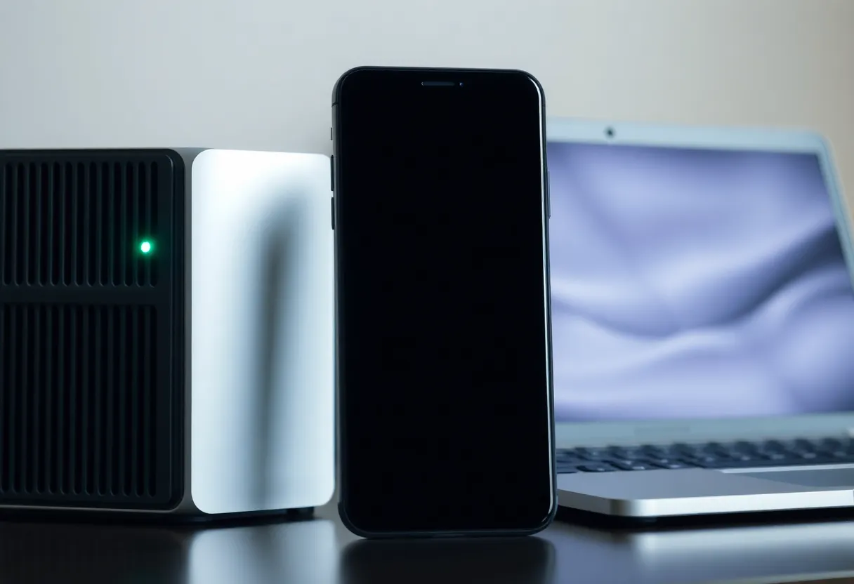 A phone beside a small home server, laptop closed