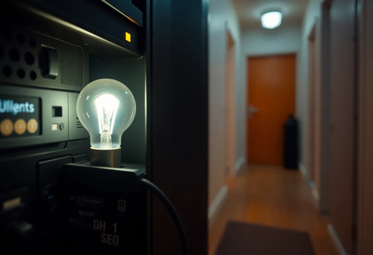 USB radio stick in a small home server next to a glowing bulb in a hallway