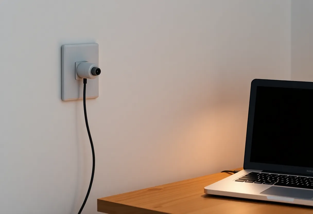 A smart plug in a wall outlet with a lamp cord, laptop on a nearby bench