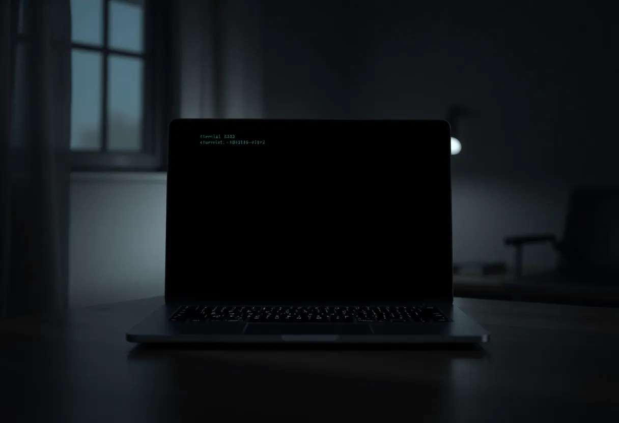 A laptop in a dim room with an unreadable terminal glow