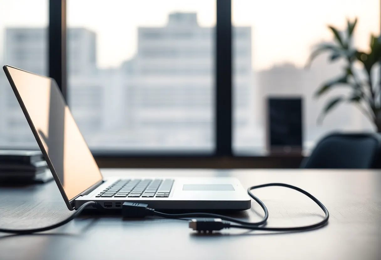 An empty desk with a closed laptop and an unplugged cable