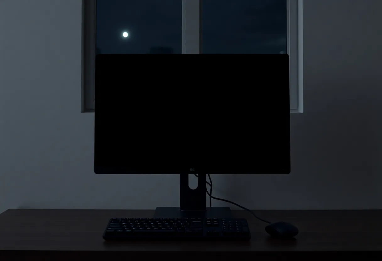 A desktop computer left running in a dark room