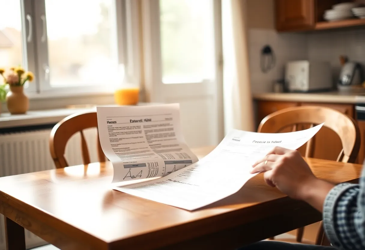 A person comparing two printed pages at a kitchen table
