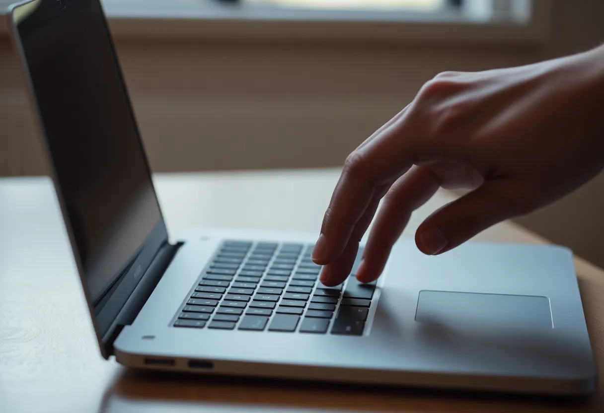 A hand paused over a laptop trackpad
