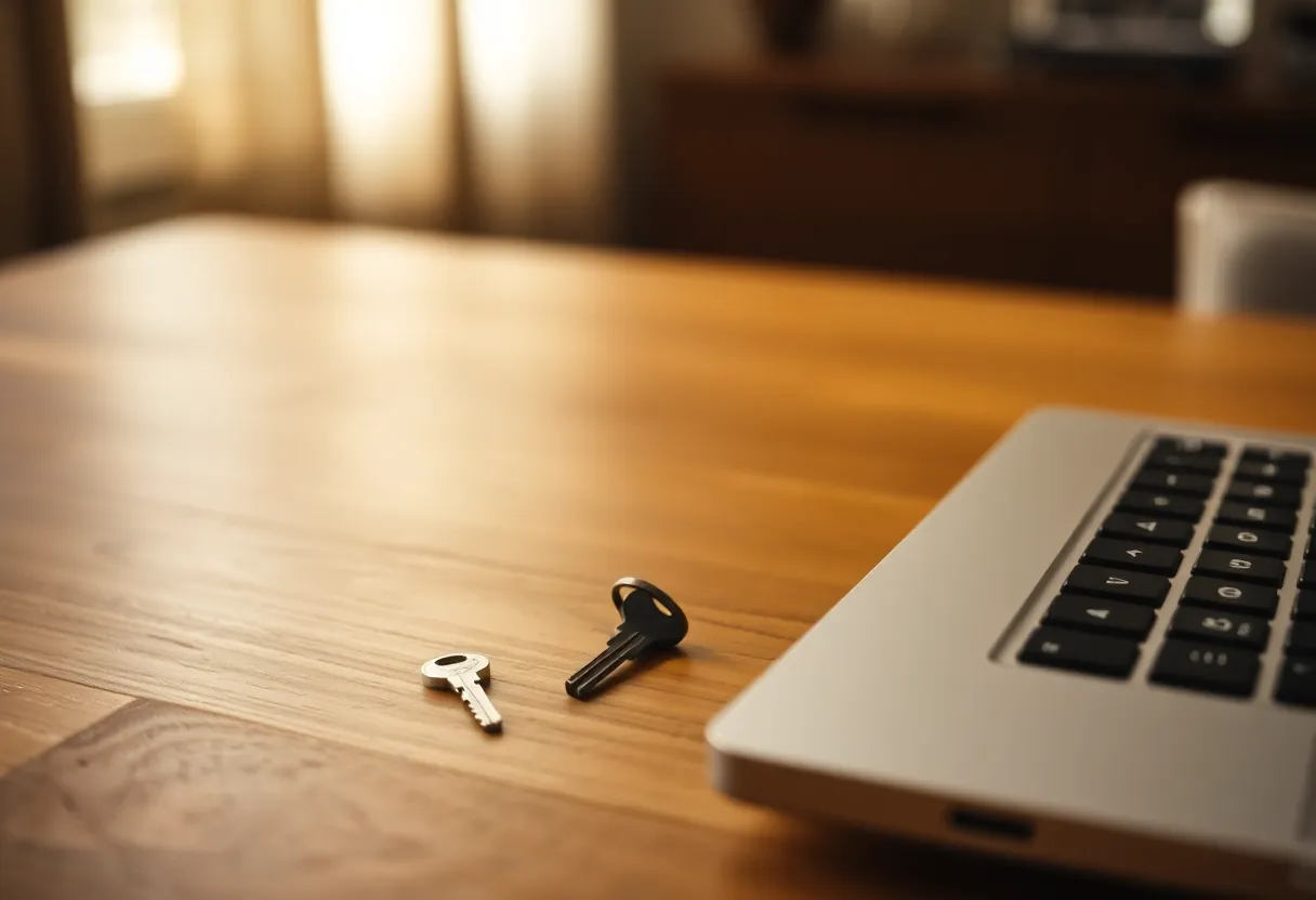 A key left beside a closed laptop