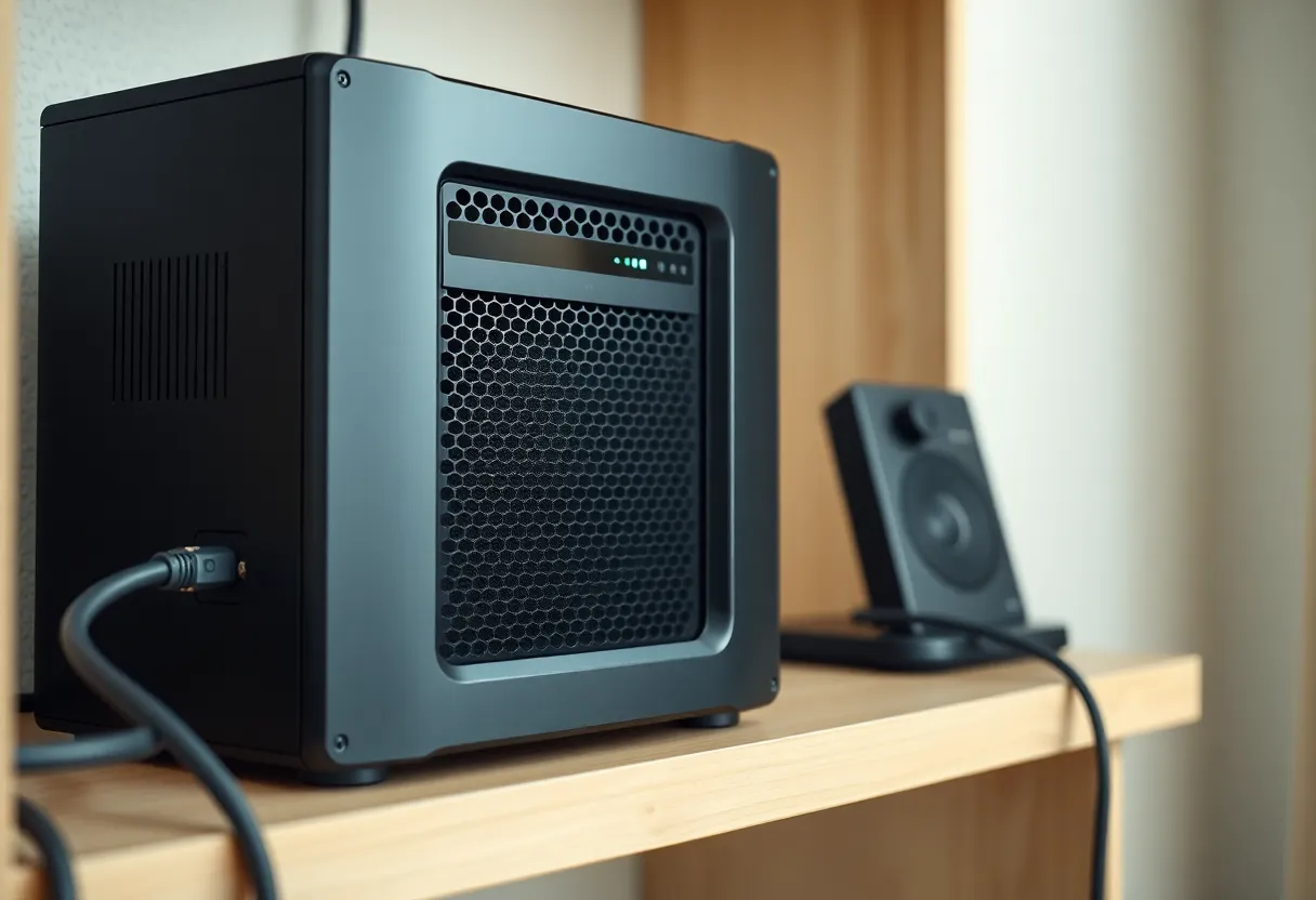 A compact home server on a shelf with an ethernet cable