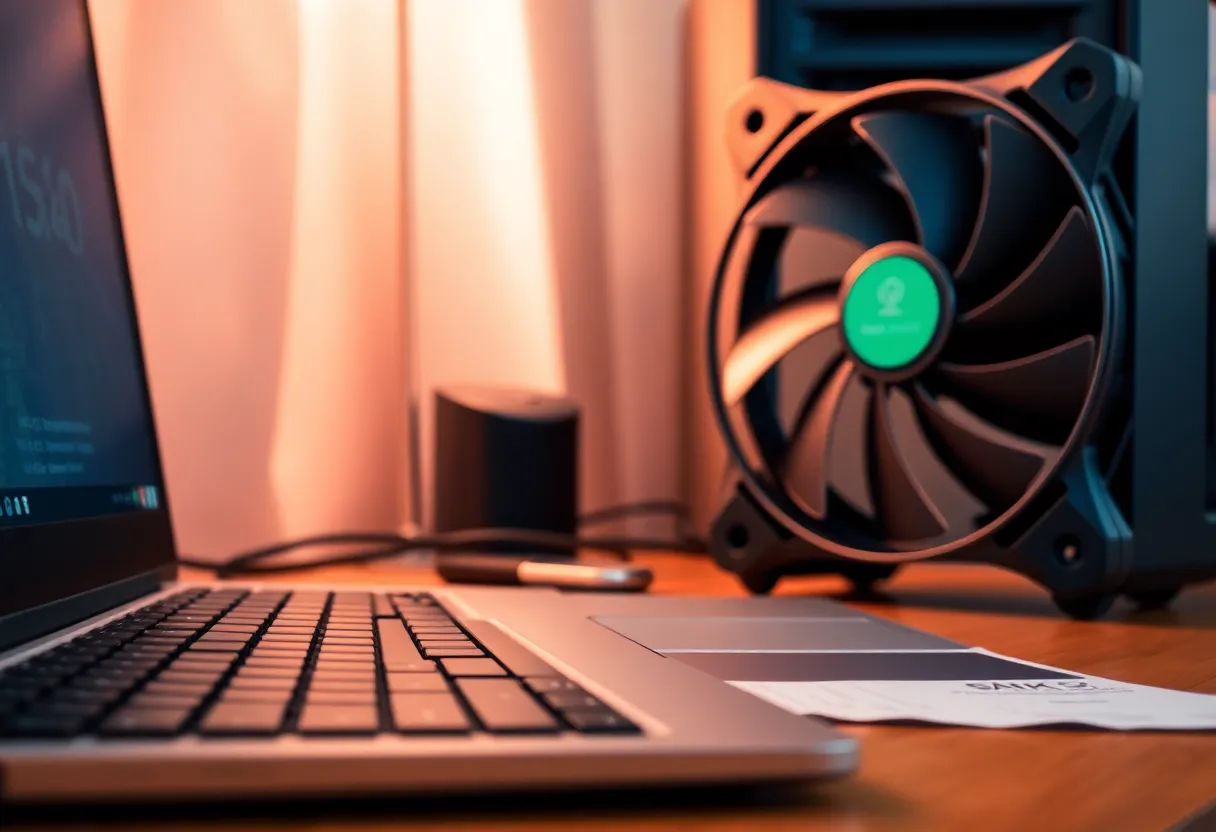 A desktop computer and a notebook on a desk in warm indoor light