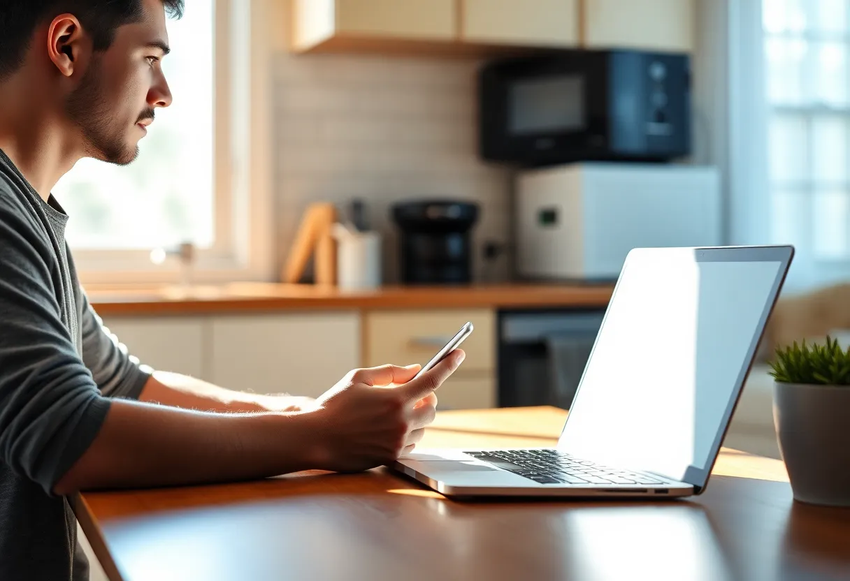 A person at a kitchen table with a phone and a closed laptop