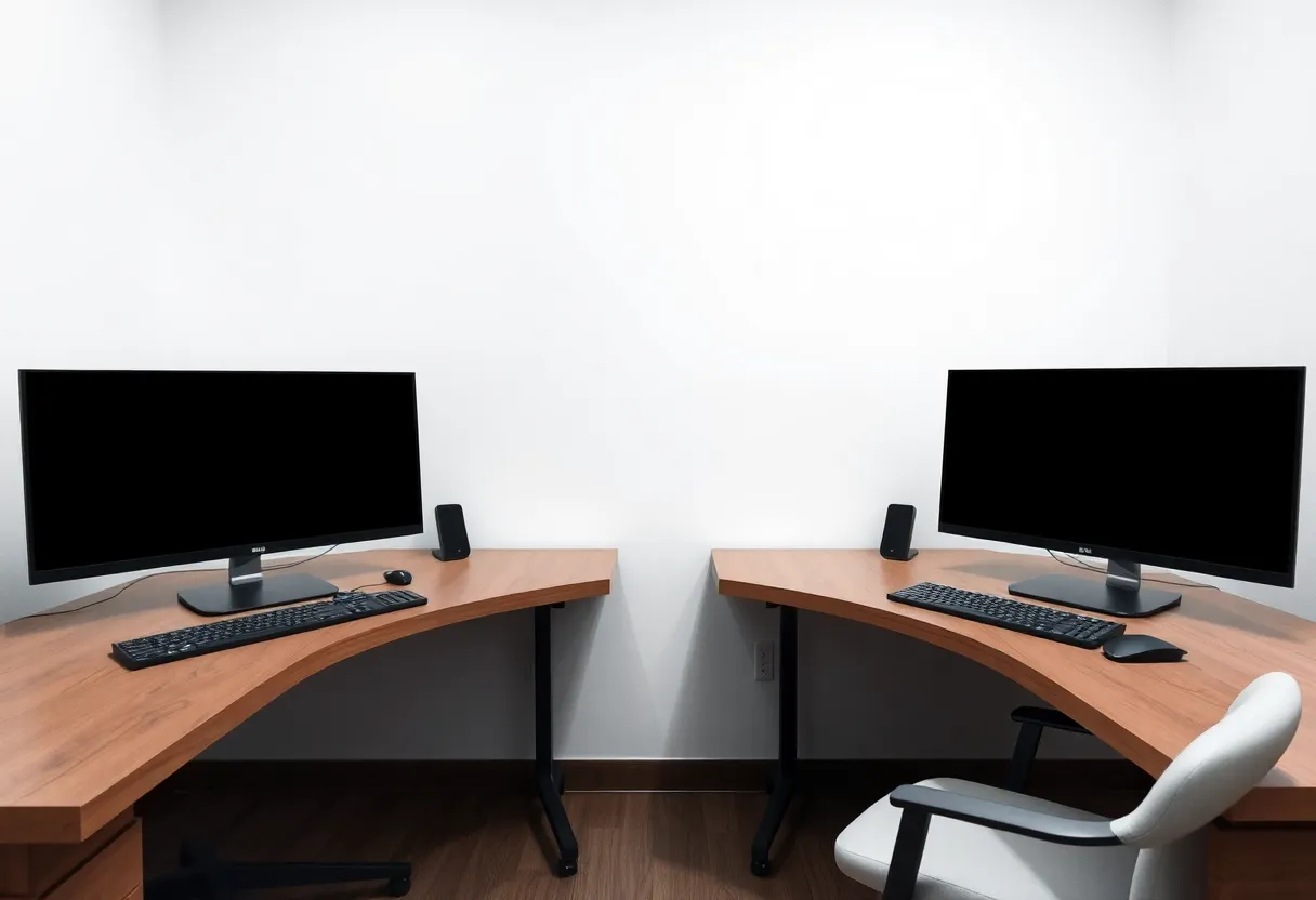Two separate desks with dark monitors in one room
