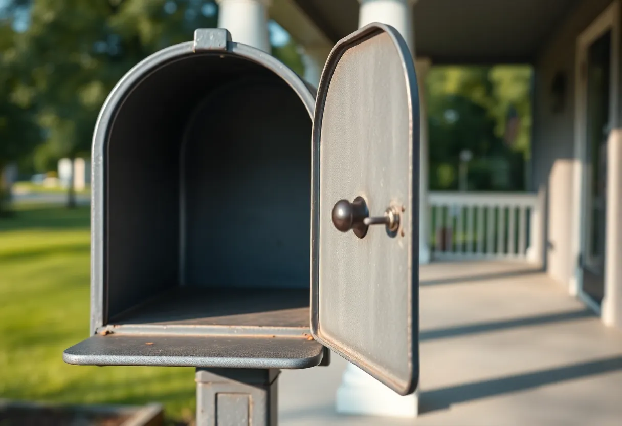An open mailbox on a porch in morning light