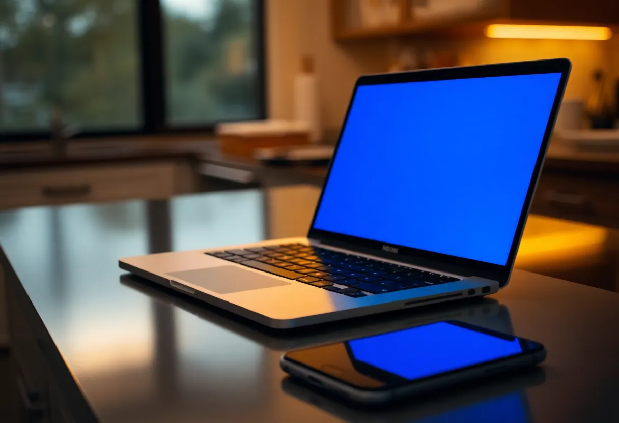 A closed laptop and a phone face down on a counter